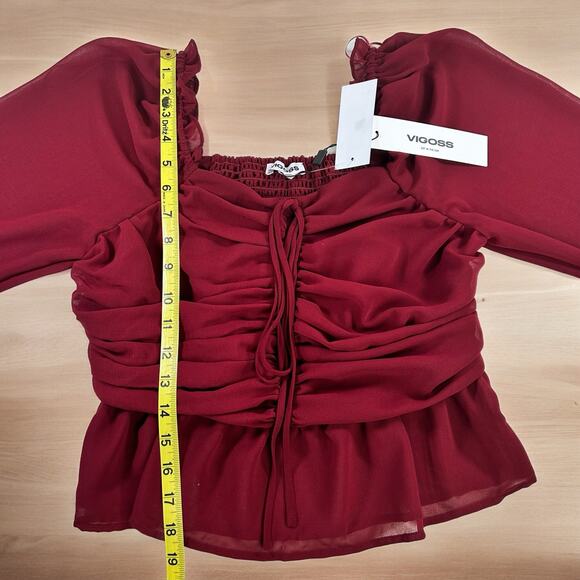 Vigoss Ruffle Chiffon Top Size Large Cherry Red Peplum Rushing Smocked Sheer - Picture 12 of 12